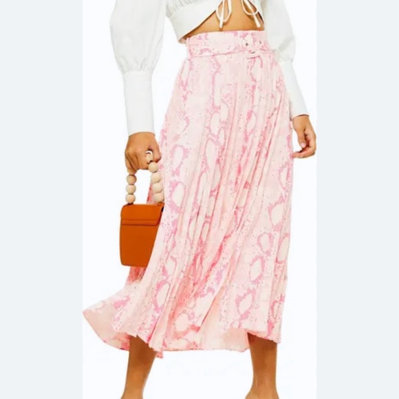 Topshop Pink White Maxi Skirt Snakeskin 2 Slits Accordion Pleats Belted NWOT 6 - Picture 1 of 12